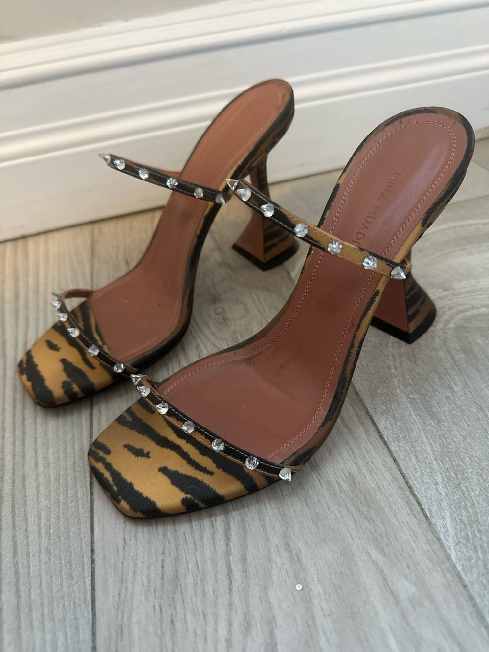 Amina Muaddi Tiger-Print Satin Sandal Heel 37